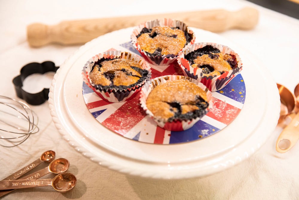 Blueberry Muffins on a cake stand